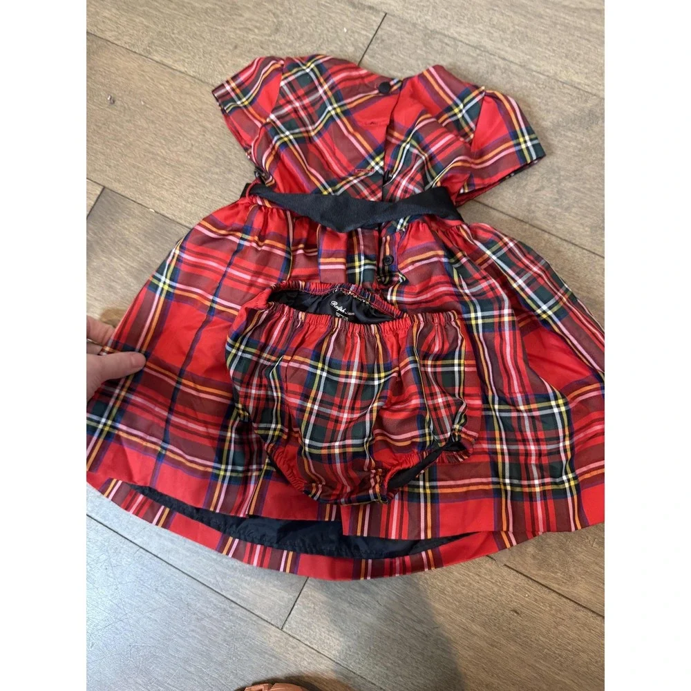 Ralph Lauren Dress Set Girls 9M Red Tartan Plaid Bow Sash Bloomers Holiday Party